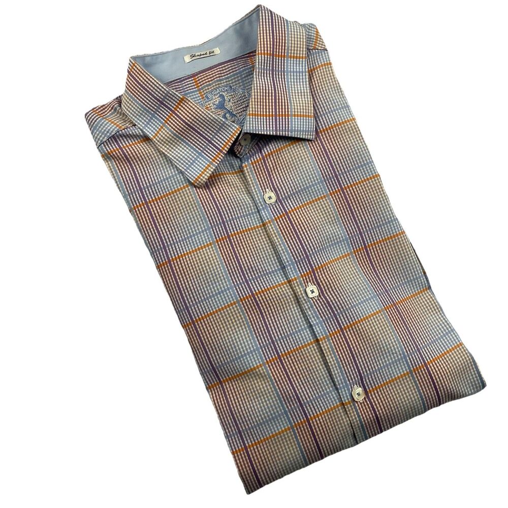Bugatchi Men Shirt Button Up Long Sleeve Seersucker Pastel Tattersall-XL